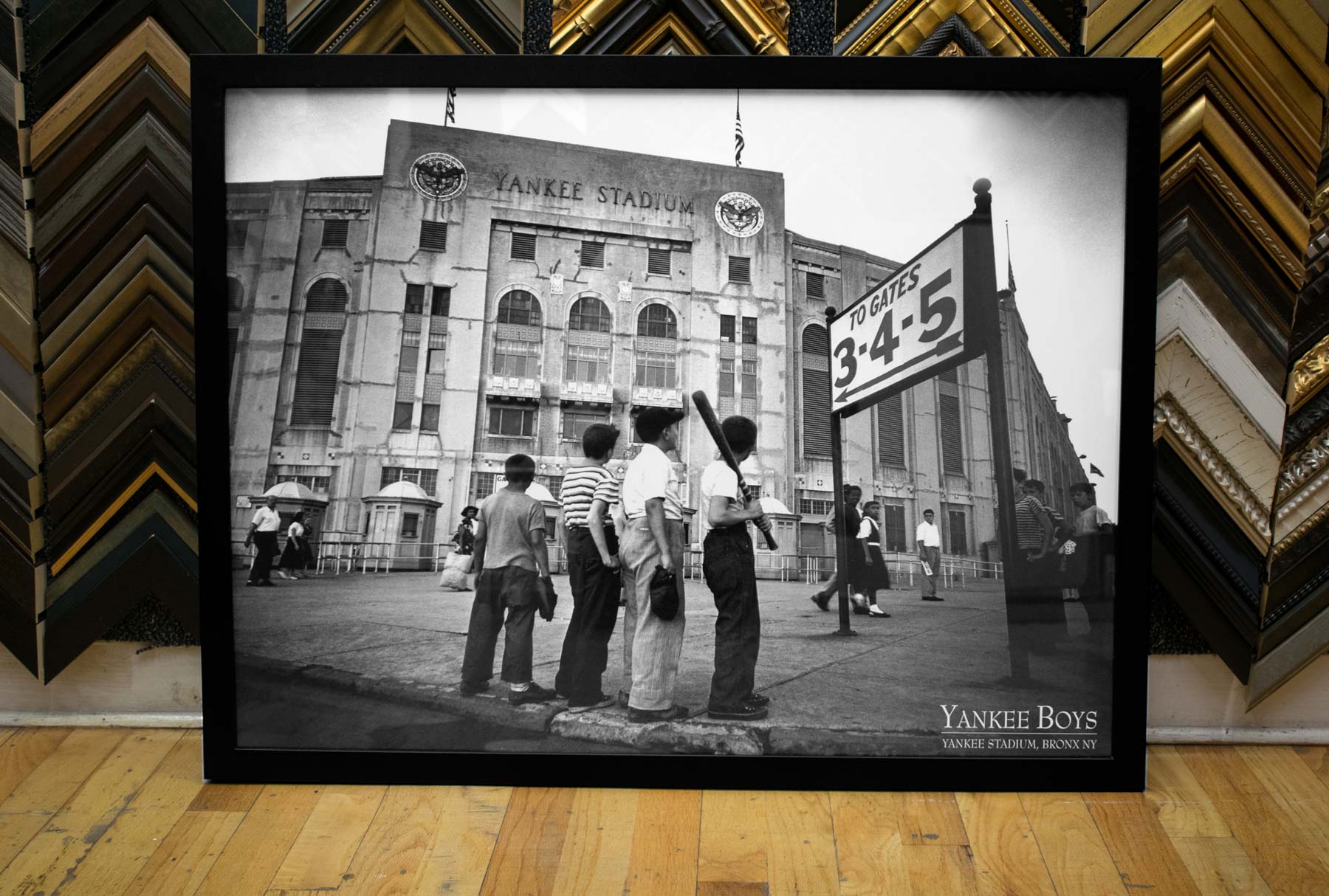 A vintage Yankee Stadium photograph framed in black